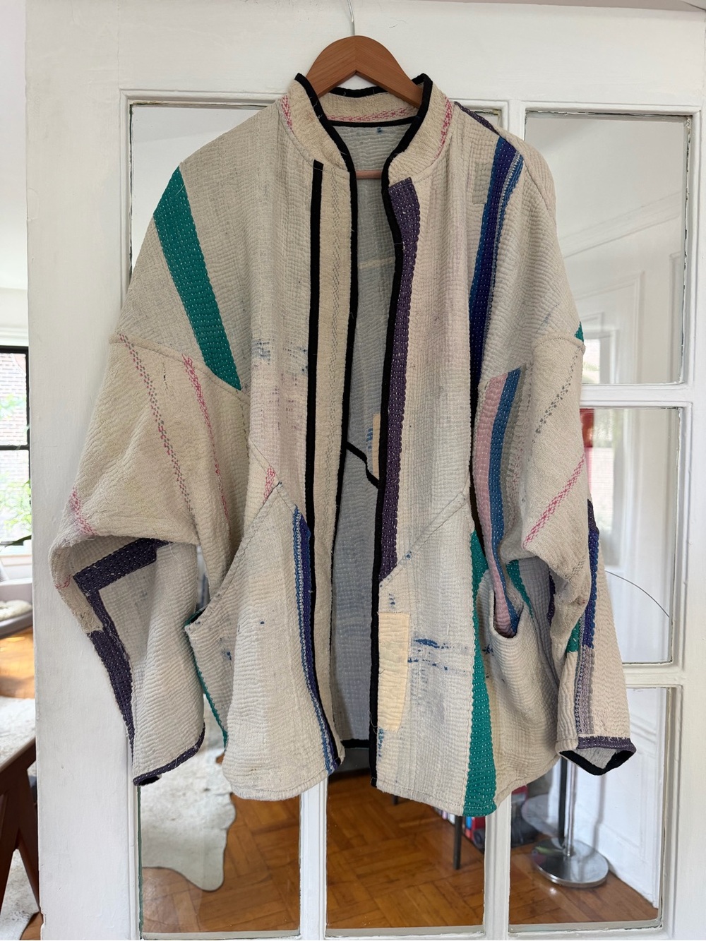 Namai Unisex Cream Patchwork Heavyweight Jacket with Teal & Purple Accents
